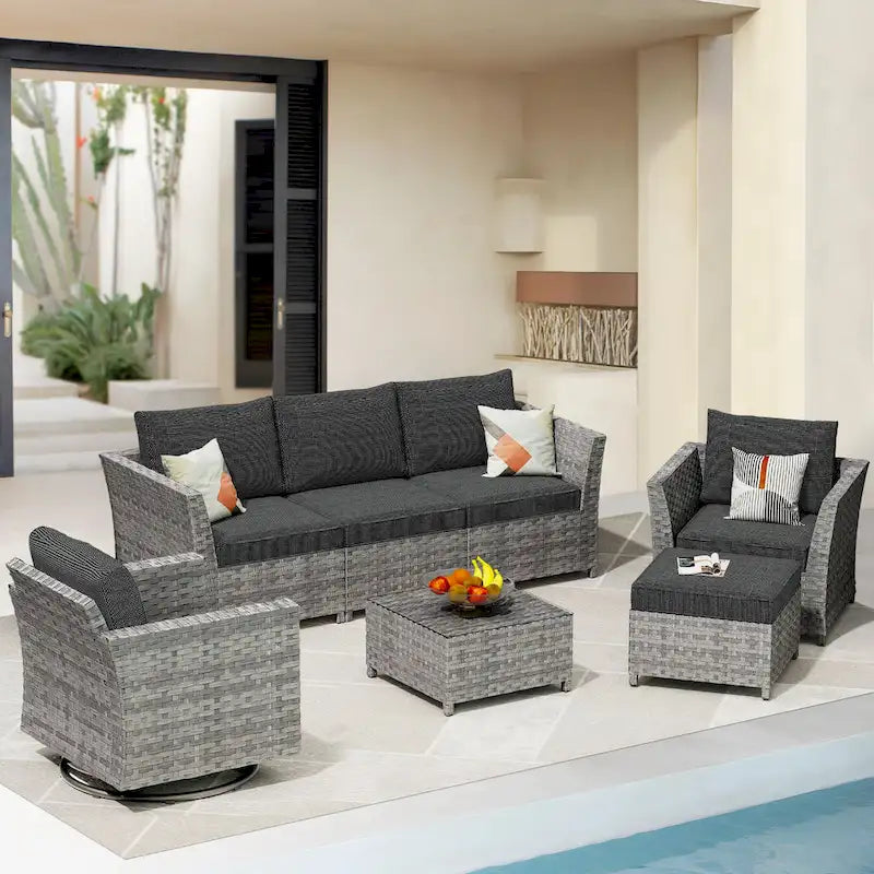 Ensemble de mobilier de jardin 7 pièces en résine tressée PE HOOOWOOO avec fauteuil à bascule pivotant