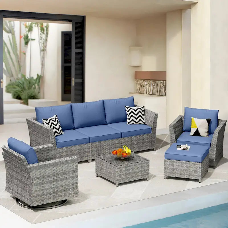 Ensemble de mobilier de jardin 7 pièces en résine tressée PE HOOOWOOO avec fauteuil à bascule pivotant
