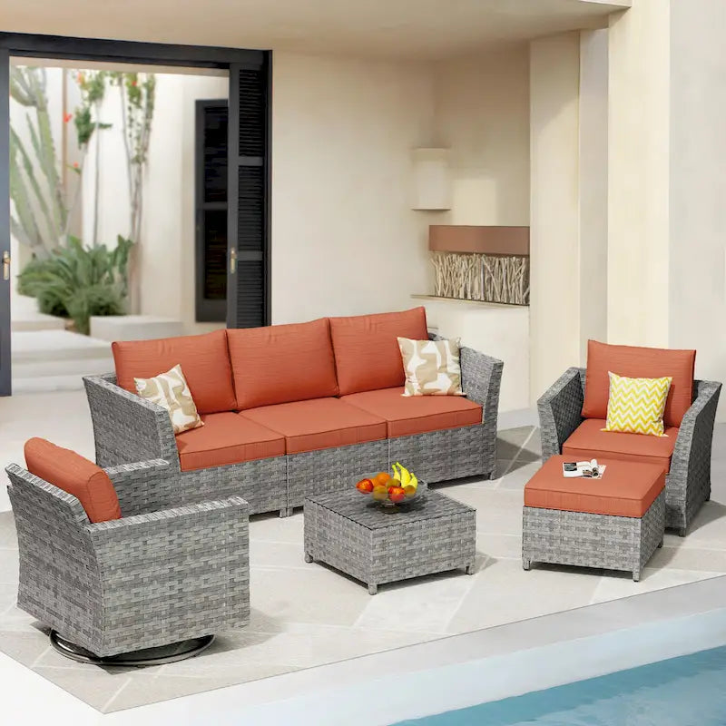 Ensemble de mobilier de jardin 7 pièces en résine tressée PE HOOOWOOO avec fauteuil à bascule pivotant
