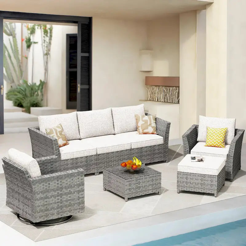 Ensemble de mobilier de jardin 7 pièces en résine tressée PE HOOOWOOO avec fauteuil à bascule pivotant