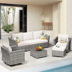 Ensemble de mobilier de jardin 7 pièces en résine tressée PE HOOOWOOO avec fauteuil à bascule pivotant