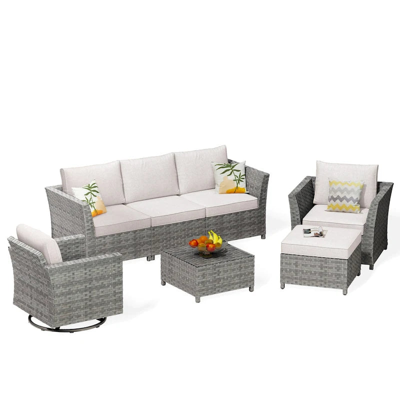 Ensemble de mobilier de jardin 7 pièces en résine tressée PE HOOOWOOO avec fauteuil à bascule pivotant