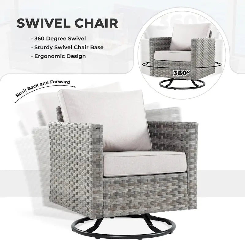Ensemble de mobilier de jardin 7 pièces en résine tressée PE HOOOWOOO avec fauteuil à bascule pivotant