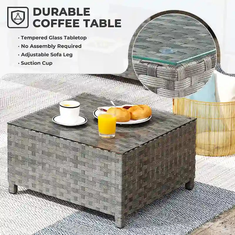 Ensemble de mobilier de jardin 7 pièces en résine tressée PE HOOOWOOO avec fauteuil à bascule pivotant