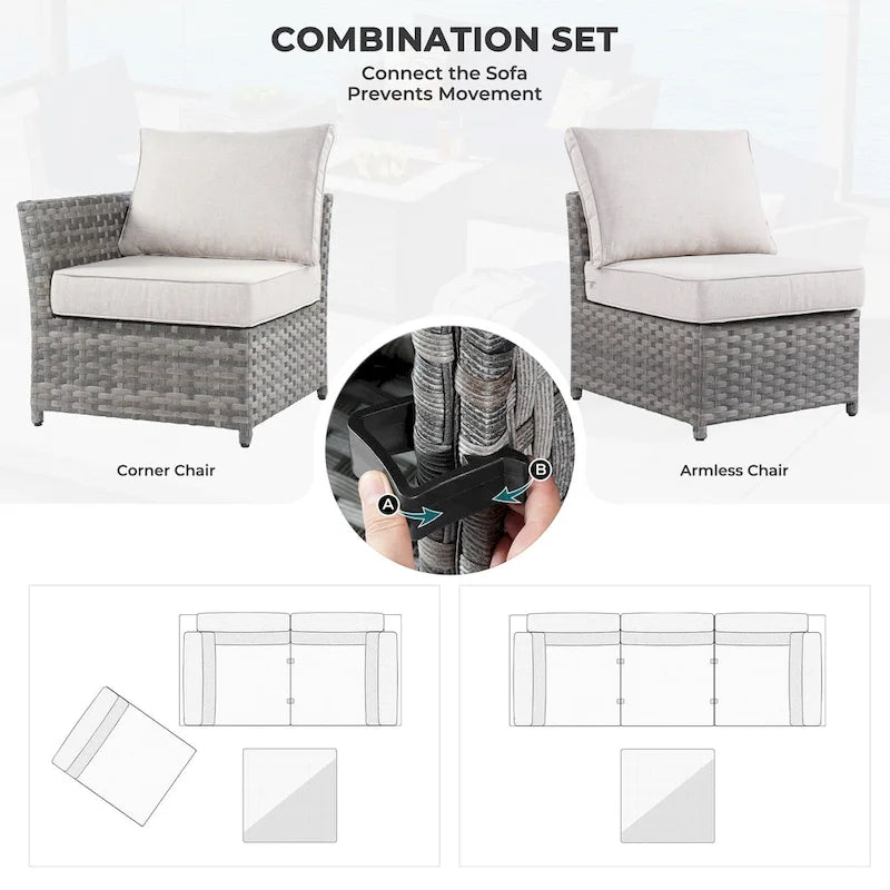 Ensemble de mobilier de jardin 7 pièces en résine tressée PE HOOOWOOO avec fauteuil à bascule pivotant