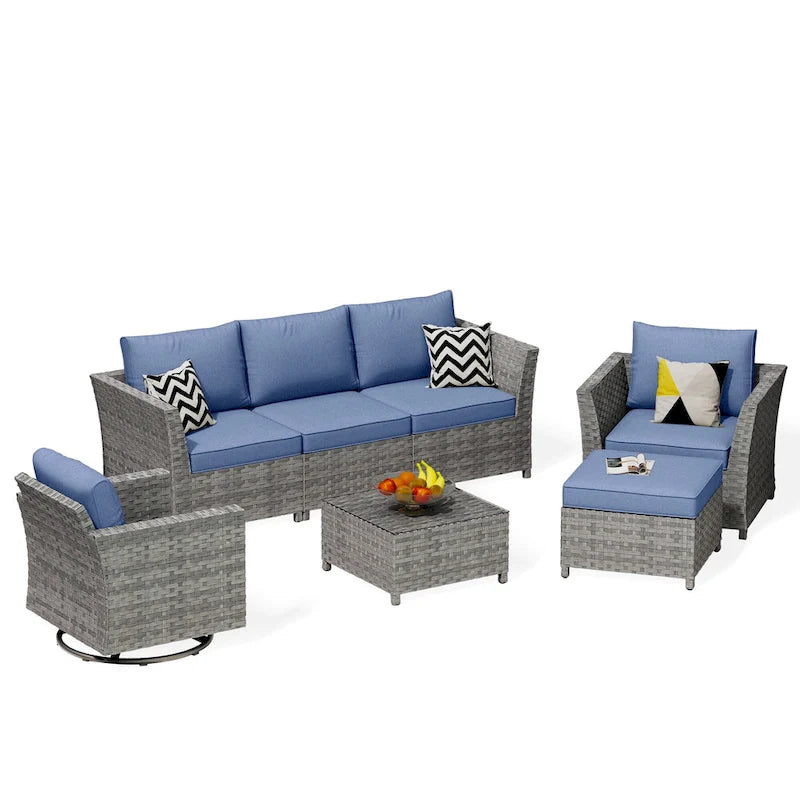 Ensemble de mobilier de jardin 7 pièces en résine tressée PE HOOOWOOO avec fauteuil à bascule pivotant