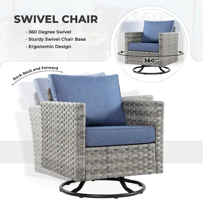 Ensemble de mobilier de jardin 7 pièces en résine tressée PE HOOOWOOO avec fauteuil à bascule pivotant