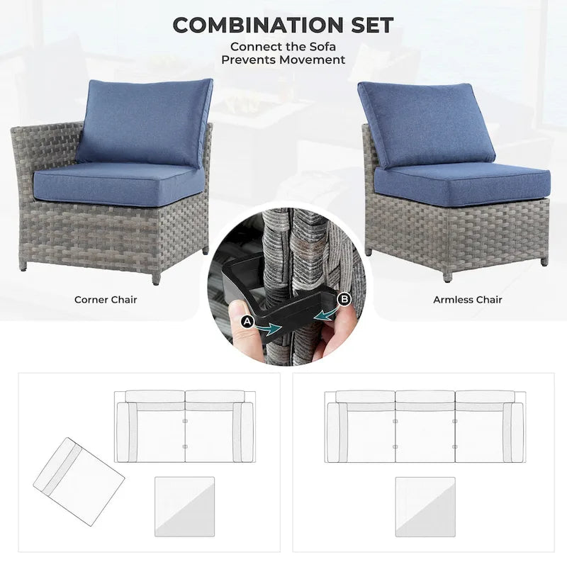 Ensemble de mobilier de jardin 7 pièces en résine tressée PE HOOOWOOO avec fauteuil à bascule pivotant