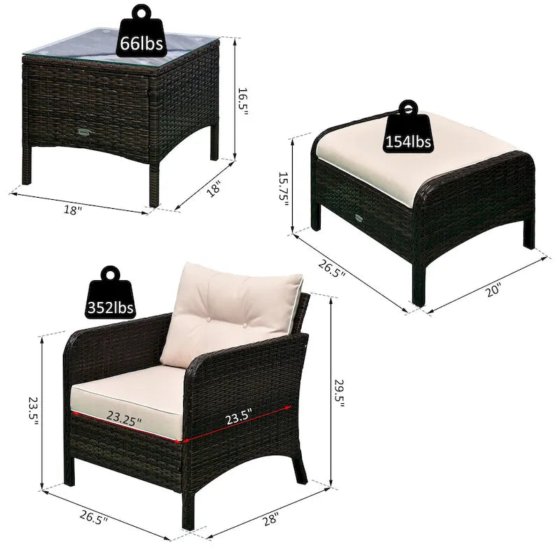 Ensemble de 5 pièces Outsunny en osier comprenant chaises de patio, poufs et table basse