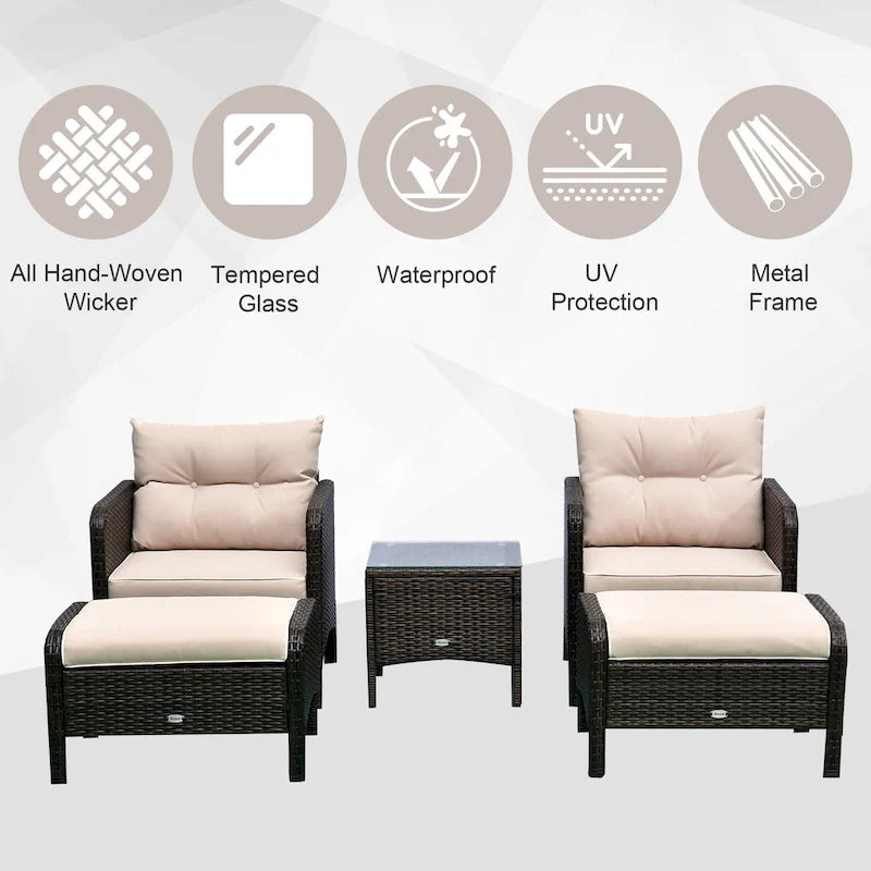 Ensemble de 5 pièces Outsunny en osier comprenant chaises de patio, poufs et table basse