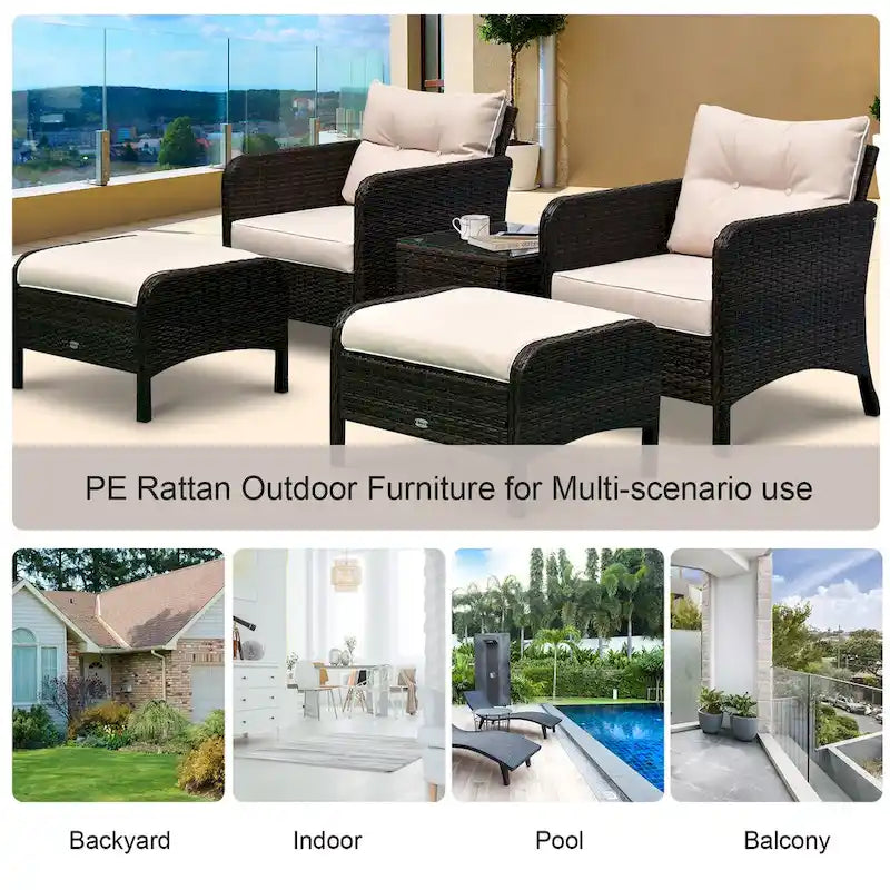 Ensemble de 5 pièces Outsunny en osier comprenant chaises de patio, poufs et table basse