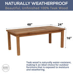 Table basse d'extérieur rectangulaire en teck RRI Goods, 61 x 122 cm, idéale pour patio, balcon, pelouse, terrasse, jardin.