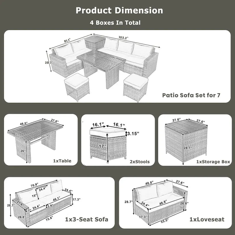 Ensemble de meubles de salle à manger d'angle TOPMAX 6 pièces en résine tressée avec assise réglable et coffre de rangement