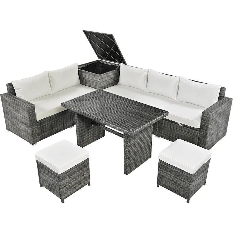 Ensemble de meubles de salle à manger d'angle TOPMAX 6 pièces en résine tressée avec assise réglable et coffre de rangement