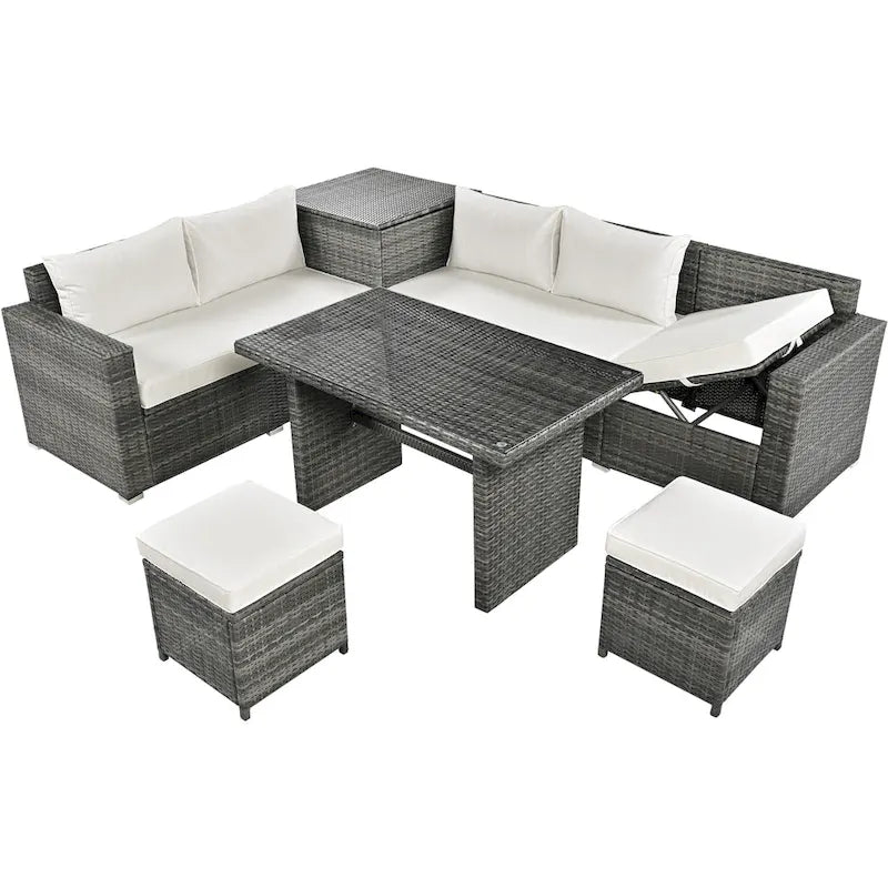 Ensemble de meubles de salle à manger d'angle TOPMAX 6 pièces en résine tressée avec assise réglable et coffre de rangement