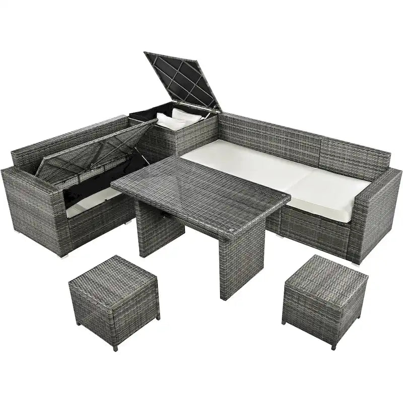 Ensemble de meubles de salle à manger d'angle TOPMAX 6 pièces en résine tressée avec assise réglable et coffre de rangement