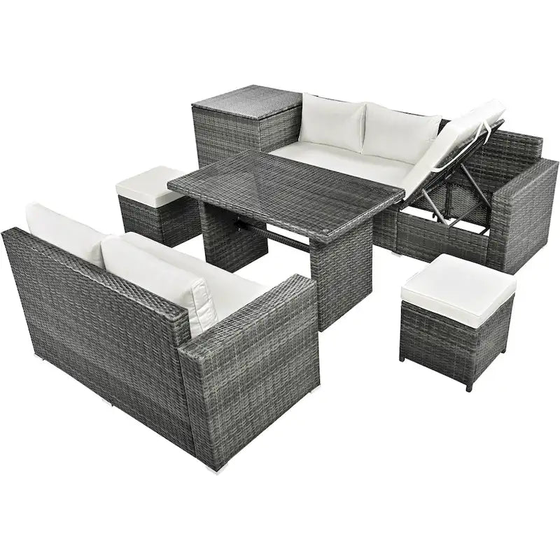 Ensemble de meubles de salle à manger d'angle TOPMAX 6 pièces en résine tressée avec assise réglable et coffre de rangement