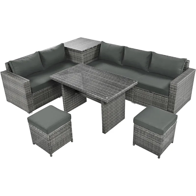 Ensemble de meubles de salle à manger d'angle TOPMAX 6 pièces en résine tressée avec assise réglable et coffre de rangement