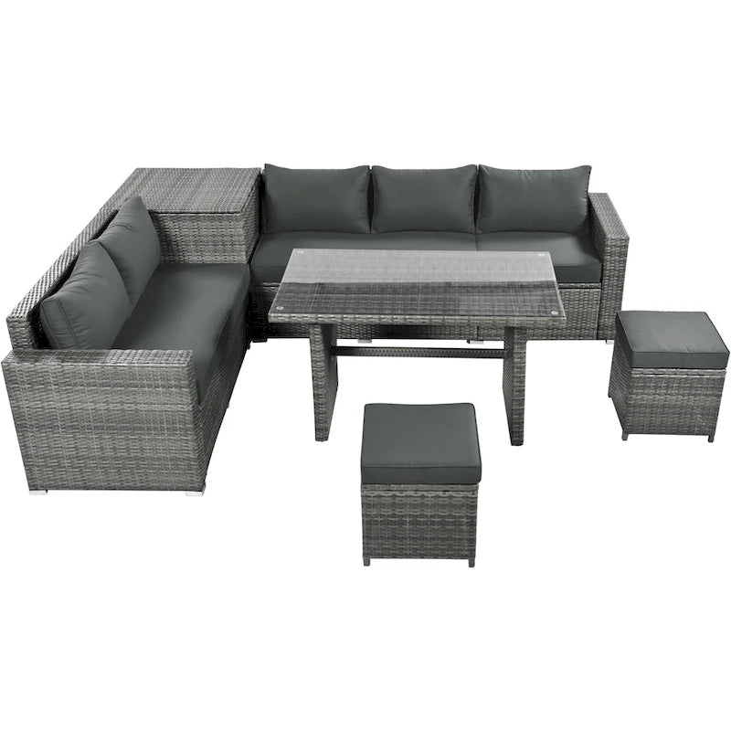 Ensemble de meubles de salle à manger d'angle TOPMAX 6 pièces en résine tressée avec assise réglable et coffre de rangement