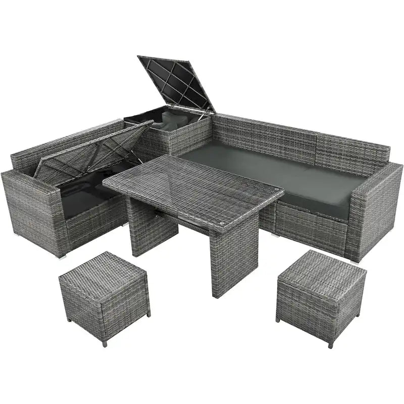 Ensemble de meubles de salle à manger d'angle TOPMAX 6 pièces en résine tressée avec assise réglable et coffre de rangement