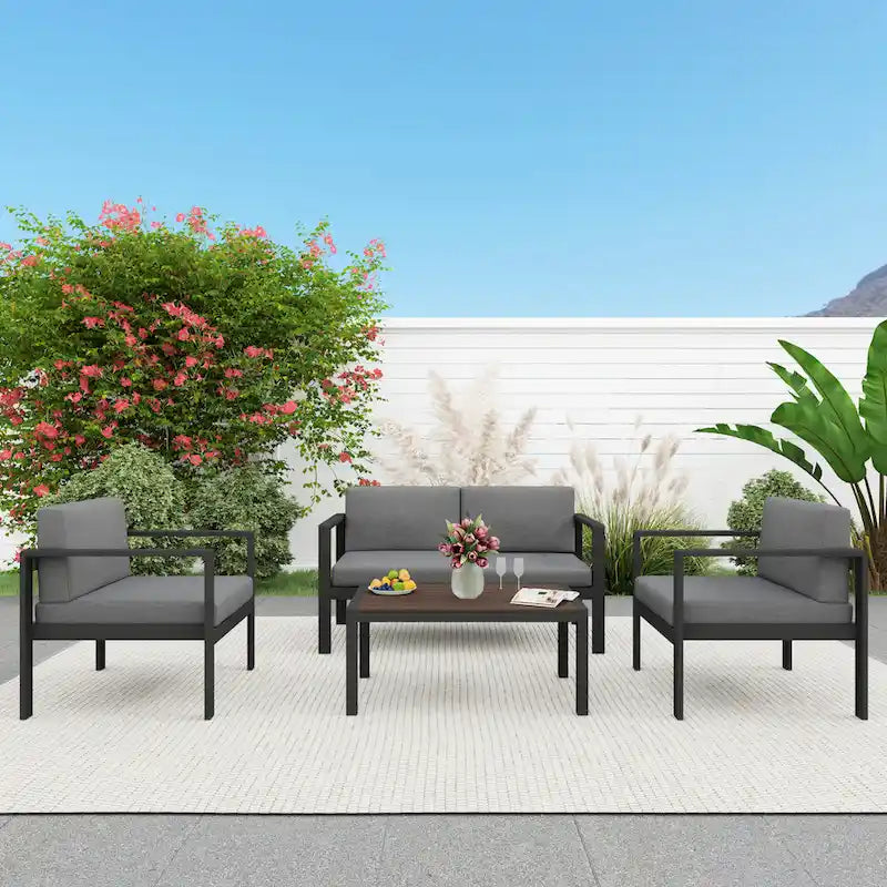 Ensemble de canapés modernes en aluminium 4 pièces pour terrasse et jardin extérieur