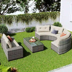 Ensemble de canapé rond d'extérieur en résine tressée 8 pièces GO avec table basse rectangulaire
