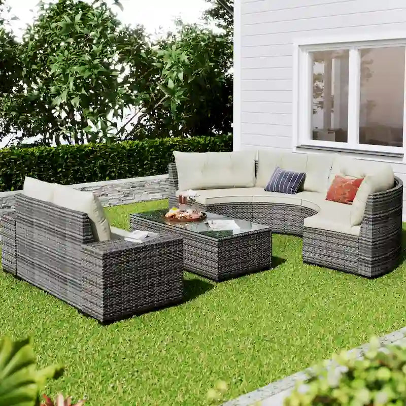 Ensemble de canapé rond d'extérieur en résine tressée 8 pièces GO avec table basse rectangulaire
