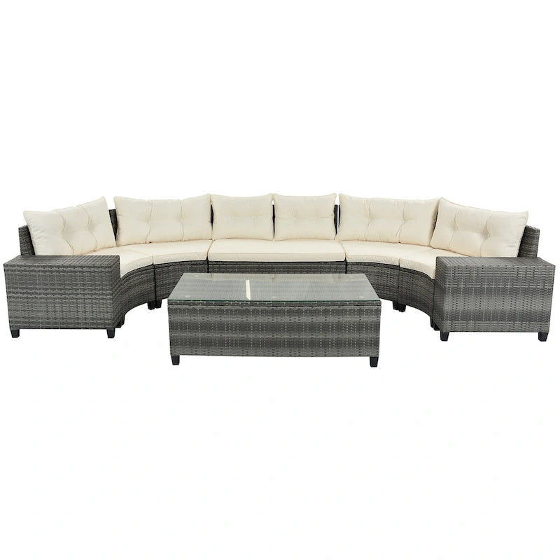 Ensemble de canapé rond d'extérieur en résine tressée 8 pièces GO avec table basse rectangulaire