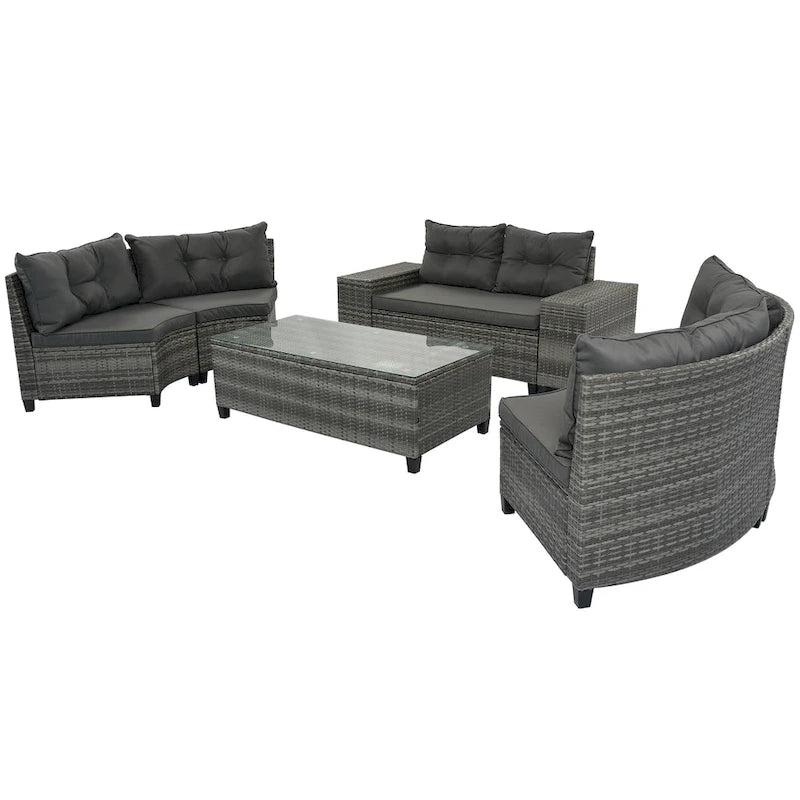 Ensemble de canapé rond d'extérieur en résine tressée 8 pièces GO avec table basse rectangulaire