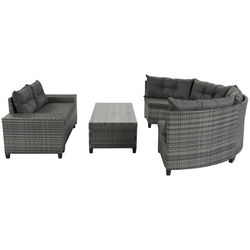 Ensemble de canapé rond d'extérieur en résine tressée 8 pièces GO avec table basse rectangulaire
