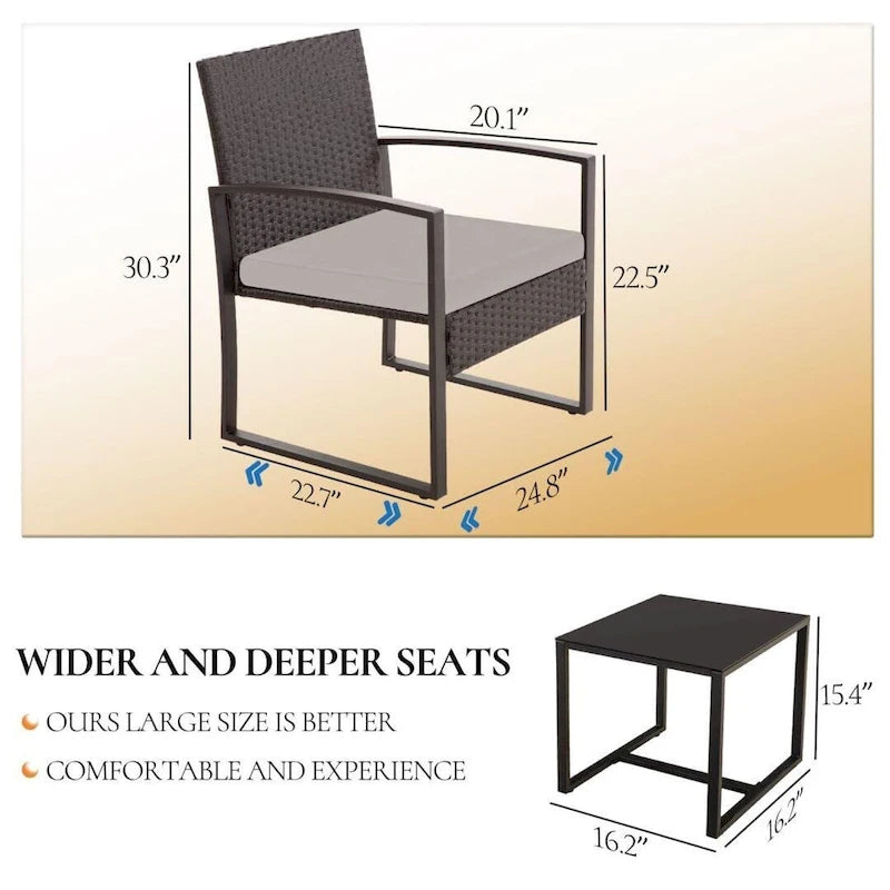 Ensemble bistro en résine tressée 3 pièces, chaises de patio extérieures avec table basse