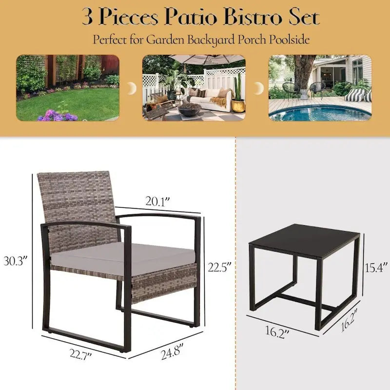 Ensemble bistro en résine tressée 3 pièces, chaises de patio extérieures avec table basse