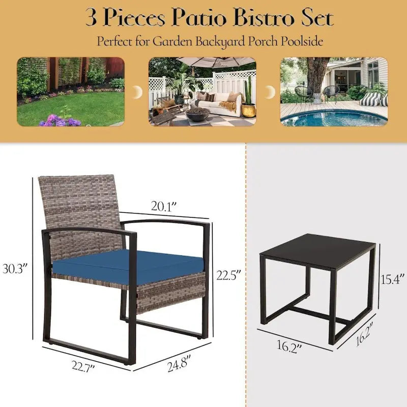 Ensemble bistro en résine tressée 3 pièces, chaises de patio extérieures avec table basse