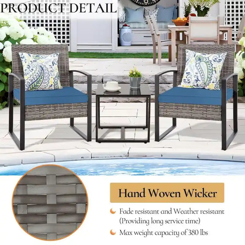 Ensemble bistro en résine tressée 3 pièces, chaises de patio extérieures avec table basse