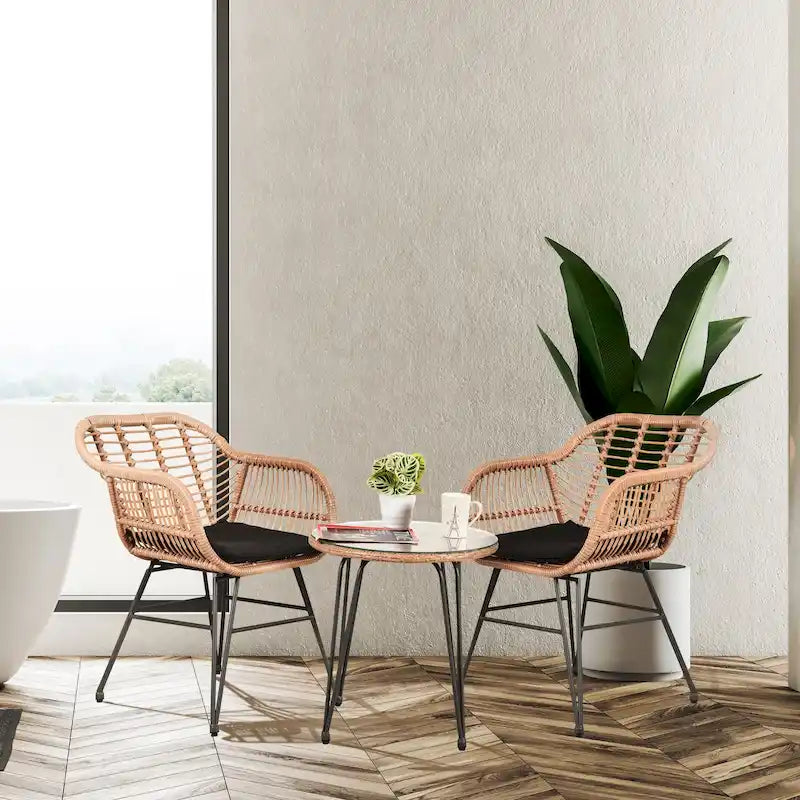 Ensemble de conversation de 3 chaises de jardin en osier avec coussins - 54 cm (L) x 60 cm (l) x 80 cm (H)
