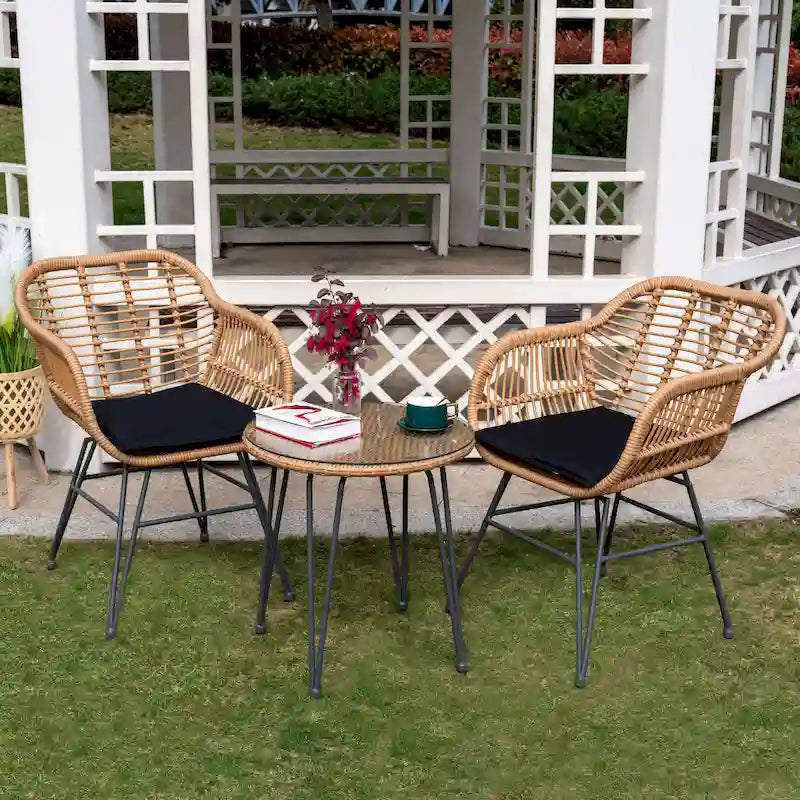 Ensemble de conversation de 3 chaises de jardin en osier avec coussins - 54 cm (L) x 60 cm (l) x 80 cm (H)