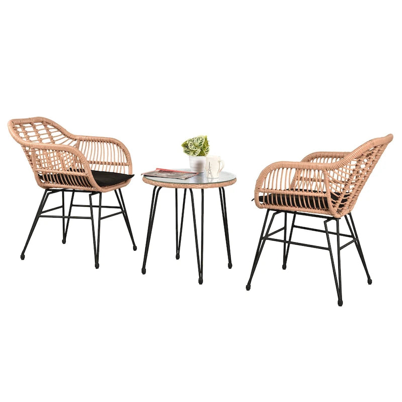 Ensemble de conversation de 3 chaises de jardin en osier avec coussins - 54 cm (L) x 60 cm (l) x 80 cm (H)