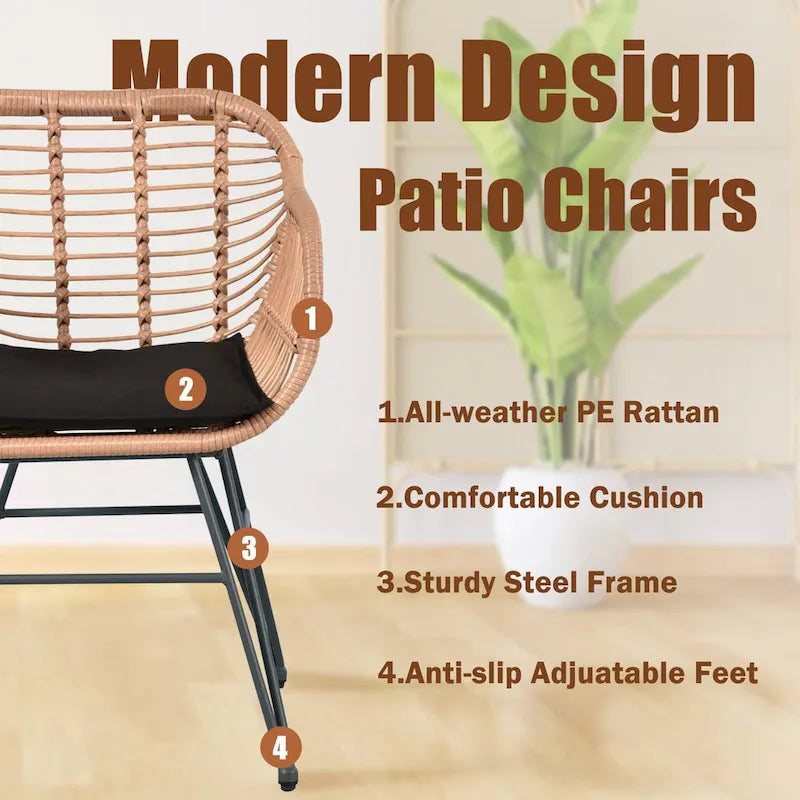 Ensemble de conversation de 3 chaises de jardin en osier avec coussins - 54 cm (L) x 60 cm (l) x 80 cm (H)