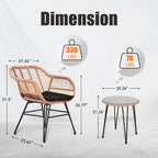Ensemble de conversation de 3 chaises de jardin en osier avec coussins - 54 cm (L) x 60 cm (l) x 80 cm (H)