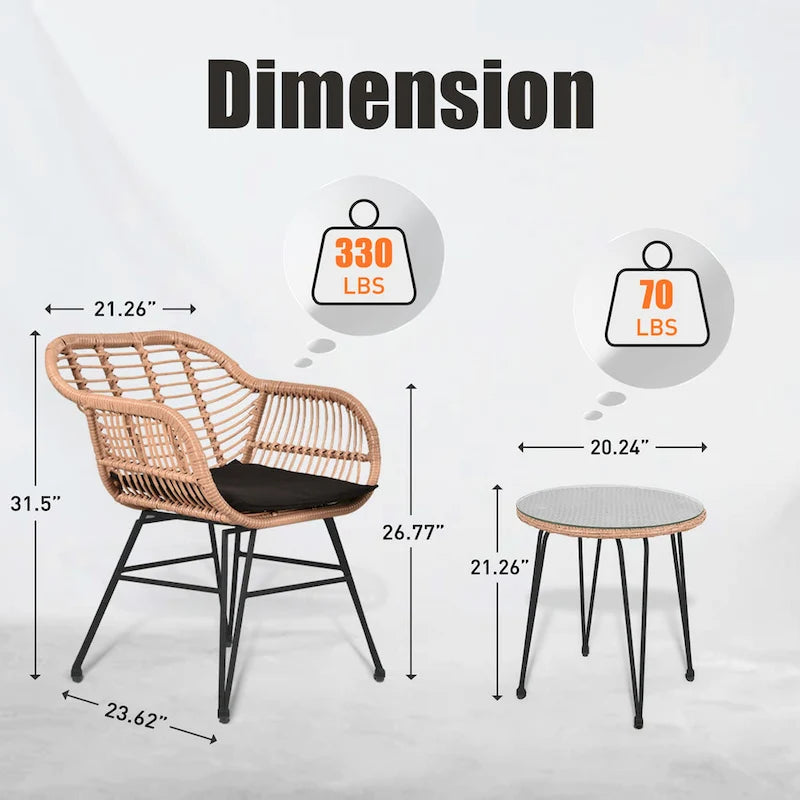 Ensemble de conversation de 3 chaises de jardin en osier avec coussins - 54 cm (L) x 60 cm (l) x 80 cm (H)