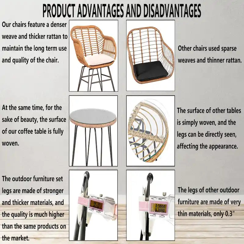 Ensemble de conversation de 3 chaises de jardin en osier avec coussins - 54 cm (L) x 60 cm (l) x 80 cm (H)