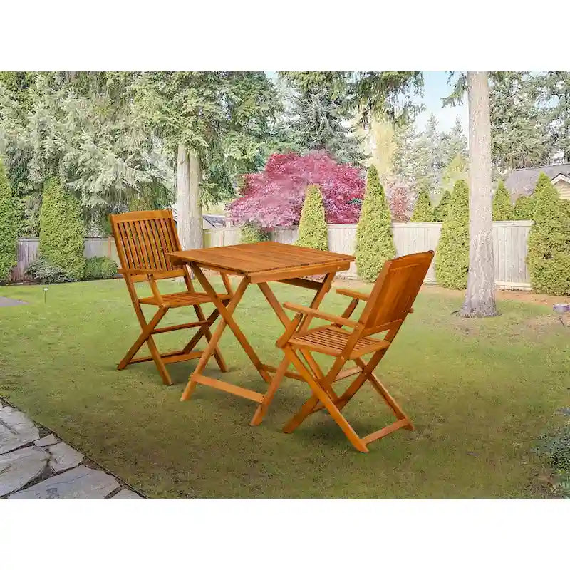Ensemble de table pliante 3 pièces East West Furniture en bois : une table basse d'extérieur en bois d'acacia et 2 fauteuils pliants, finition huile naturelle.