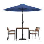 Ensemble de patio avec table de 89 cm, 2 chaises et parasol avec pied - 89,5 cm L x 89,5 cm P x 75 cm H