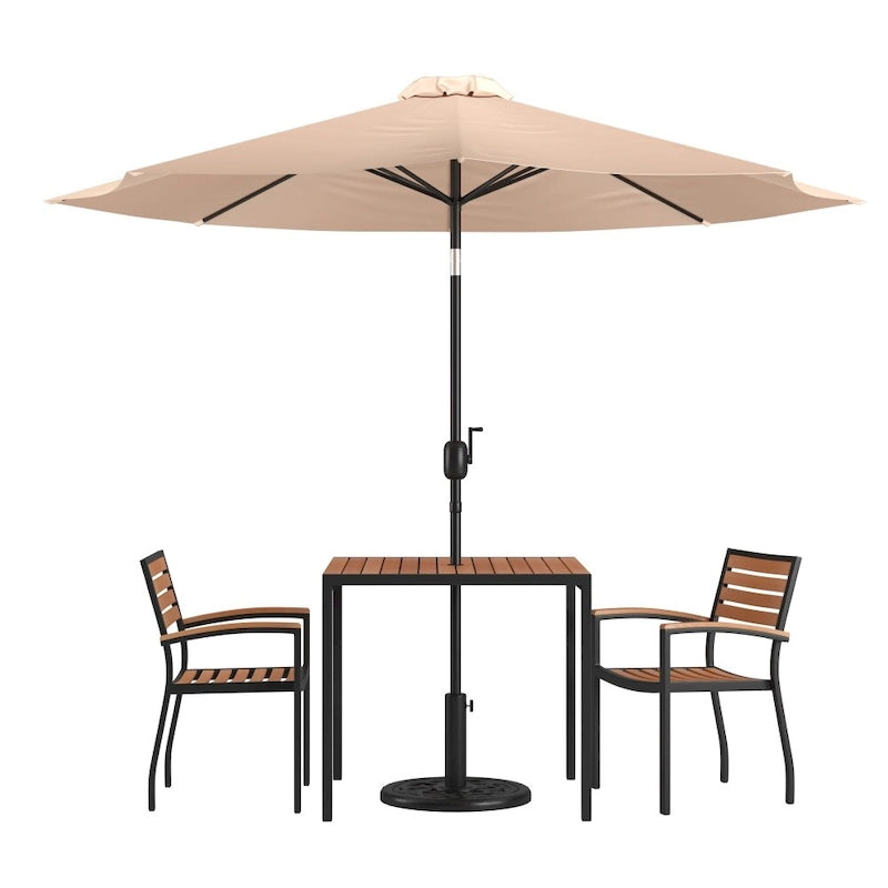 Ensemble de patio avec table de 89 cm, 2 chaises et parasol avec pied - 89,5 cm L x 89,5 cm P x 75 cm H