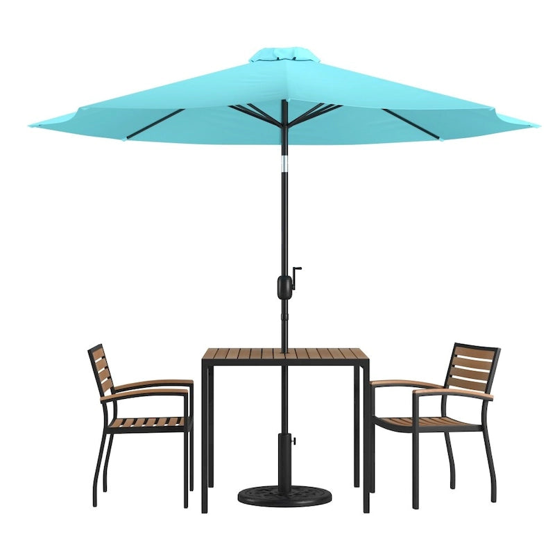 Ensemble de patio avec table de 89 cm, 2 chaises et parasol avec pied - 89,5 cm L x 89,5 cm P x 75 cm H