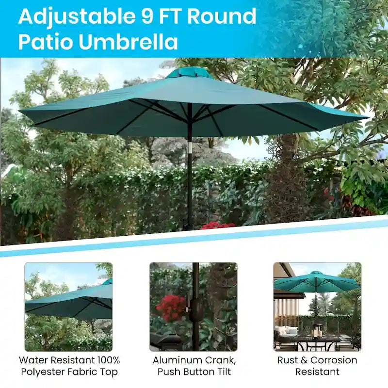 Ensemble de patio avec table de 89 cm, 2 chaises et parasol avec pied - 89,5 cm L x 89,5 cm P x 75 cm H