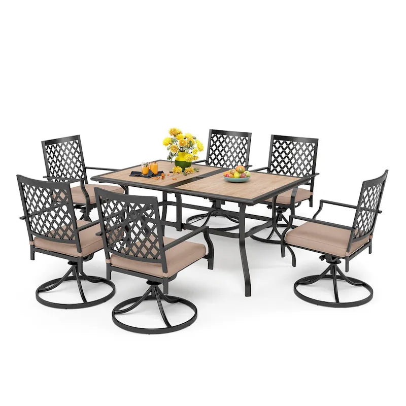 Ensemble de salle à manger d'extérieur MAISON ARTS avec 6 chaises pivotantes et 1 parasol rectangulaire, table aspect bois