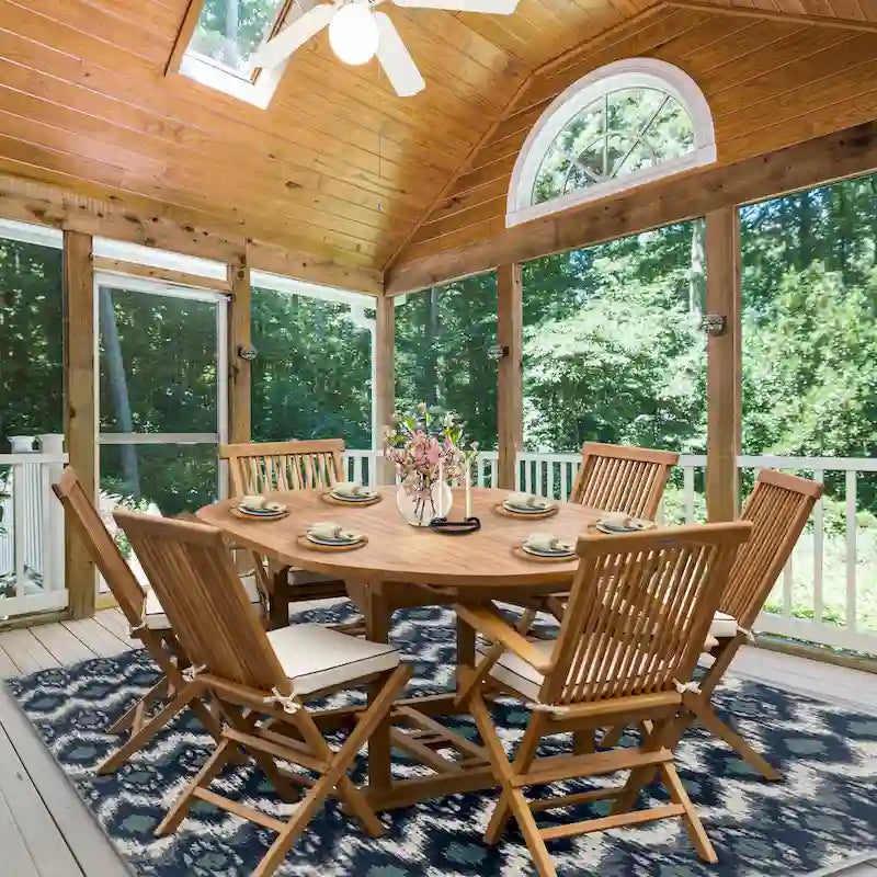 Ensemble de salle à manger d'extérieur Chic Teak Miami en bois de teck, 7 pièces, avec table extensible ronde à ovale, 2 fauteuils et 4 chaises.