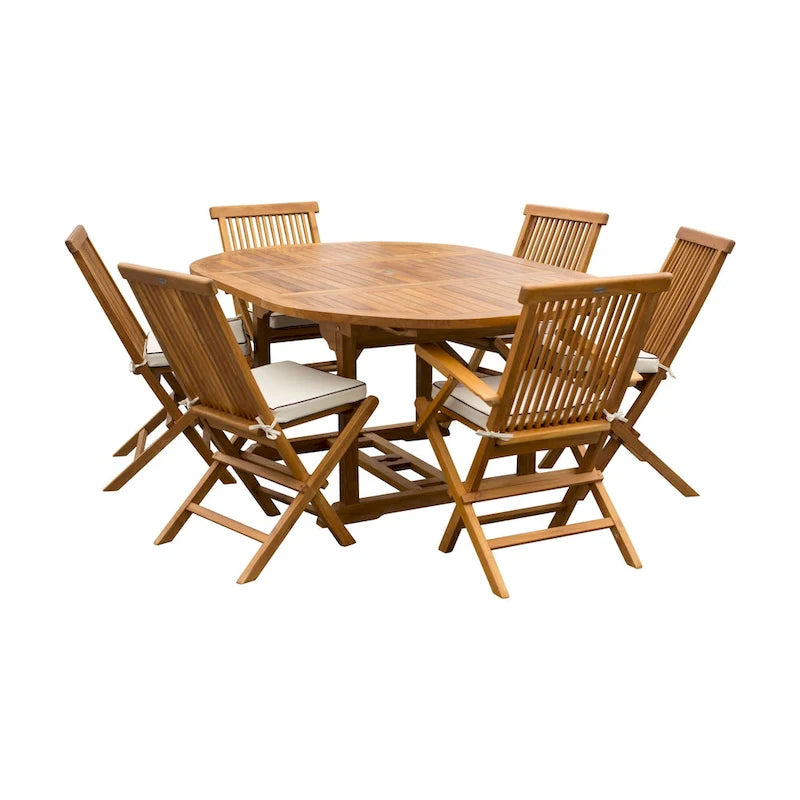Ensemble de salle à manger d'extérieur Chic Teak Miami en bois de teck, 7 pièces, avec table extensible ronde à ovale, 2 fauteuils et 4 chaises.
