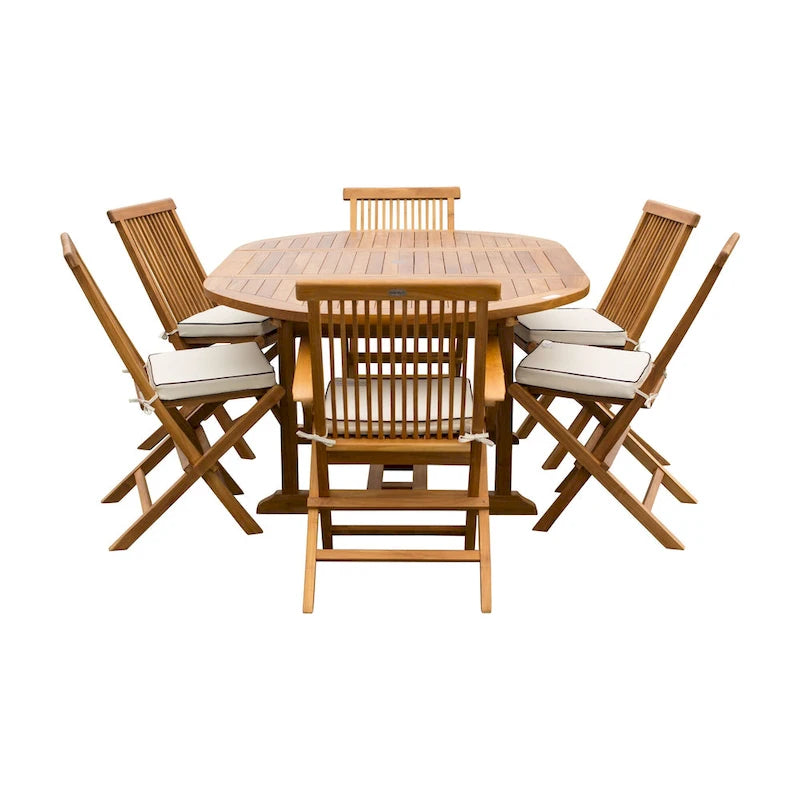 Ensemble de salle à manger d'extérieur Chic Teak Miami en bois de teck, 7 pièces, avec table extensible ronde à ovale, 2 fauteuils et 4 chaises.